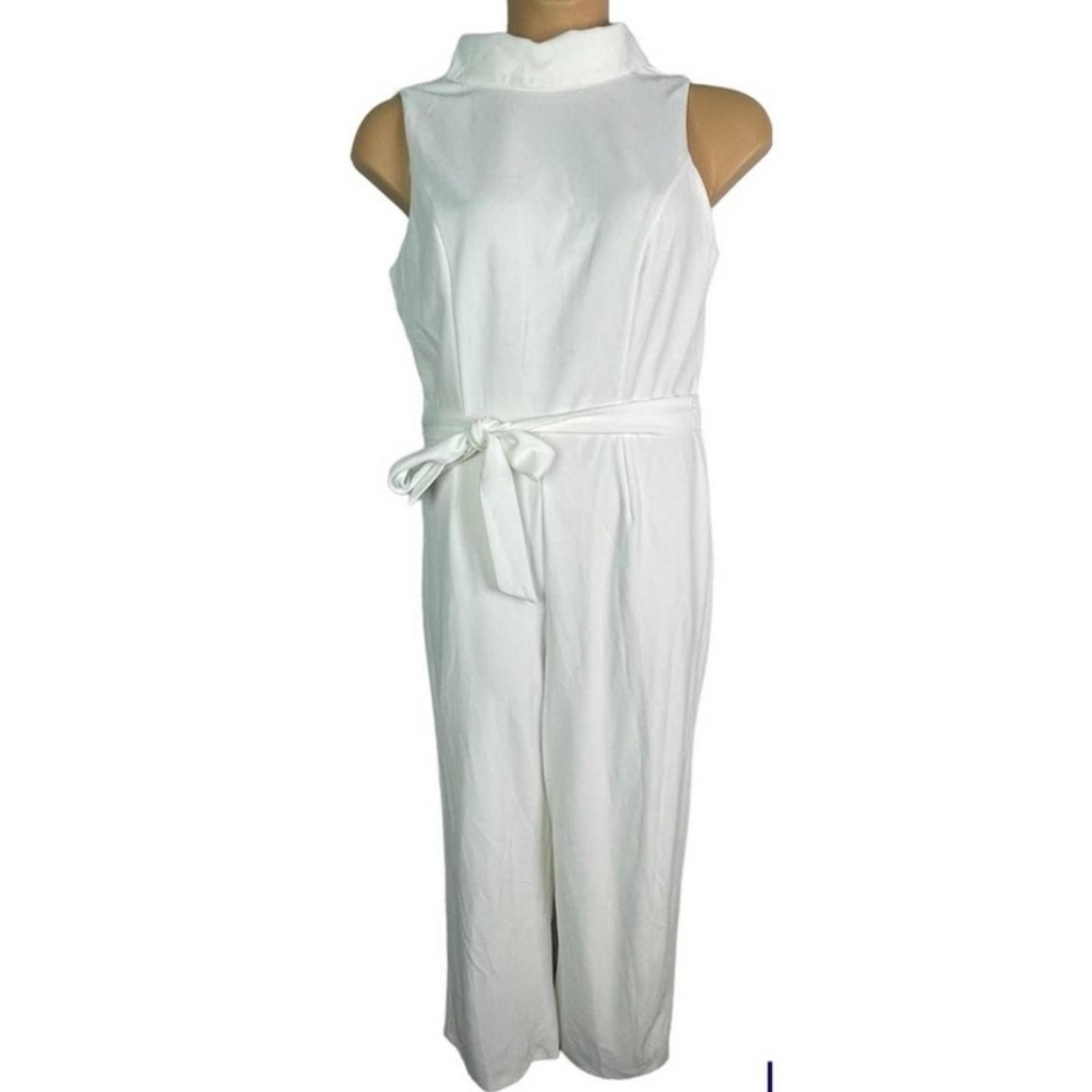 Marina White Sleeveless Mock Neck Tie Waist Jumpsuit Size Medium